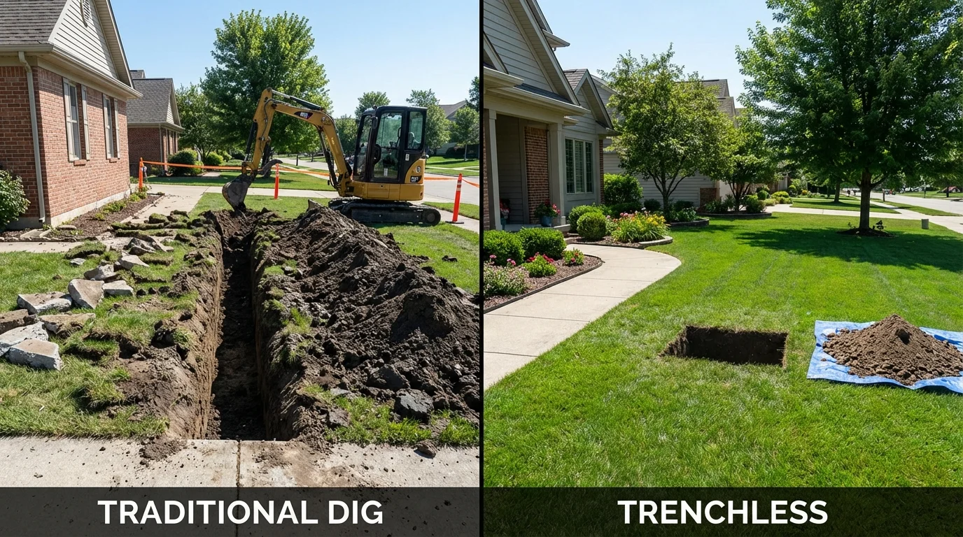 Trenchless sewer repair with minimal yard damage versus traditional excavation in Greenwich, NY